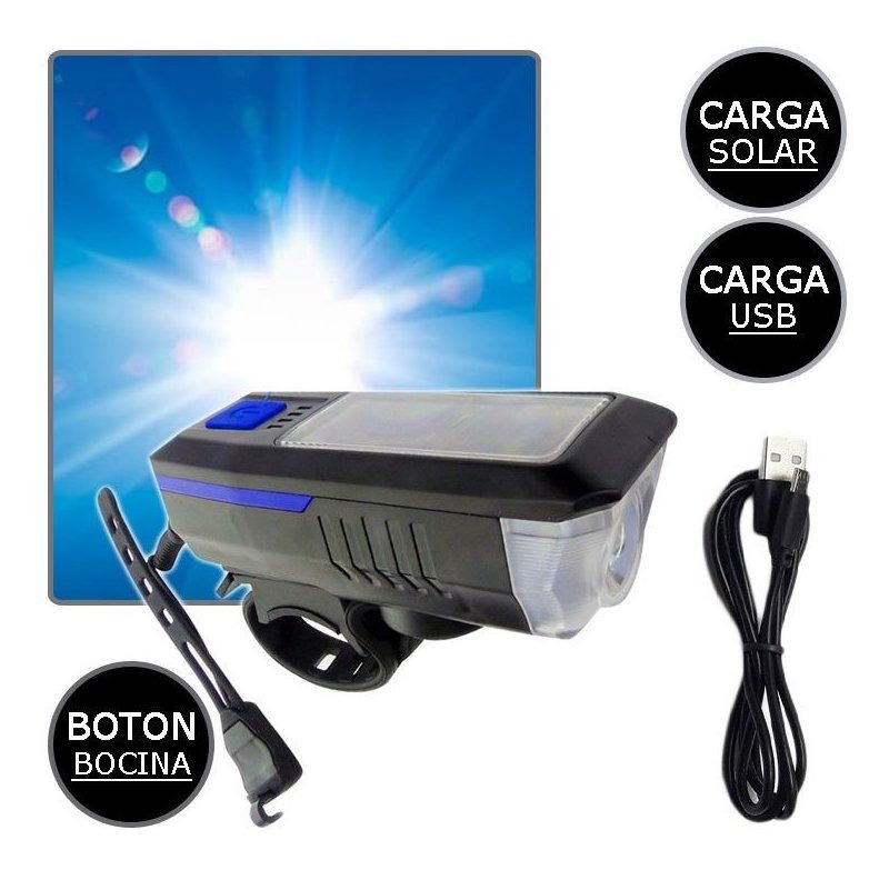 Luz Delantera Para Bicicleta Mas Bocina Carga Solar Y Usb