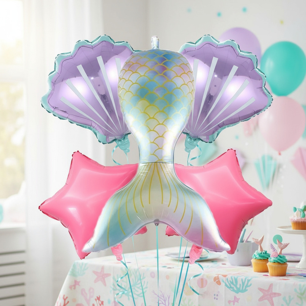 Set De Globos Decoración 5 Uds Motivo Océano Cola Sirena - Imagen 3