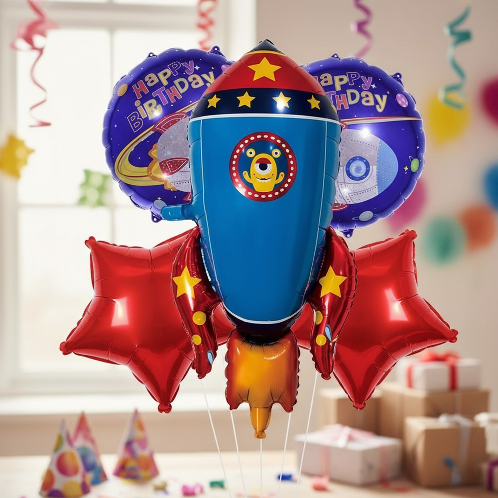 Set De Globos Decoración 5 Uds Cohete Espacial + Estrellas - Imagen 2