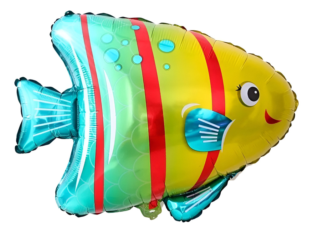 Globo Metálico Silueta Pez Coral / Amarillo Azul Rayas Rojas