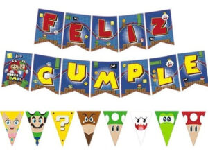 Guirnalda Frase Feliz Cumpleaños + Triángulos / Motivo Mario