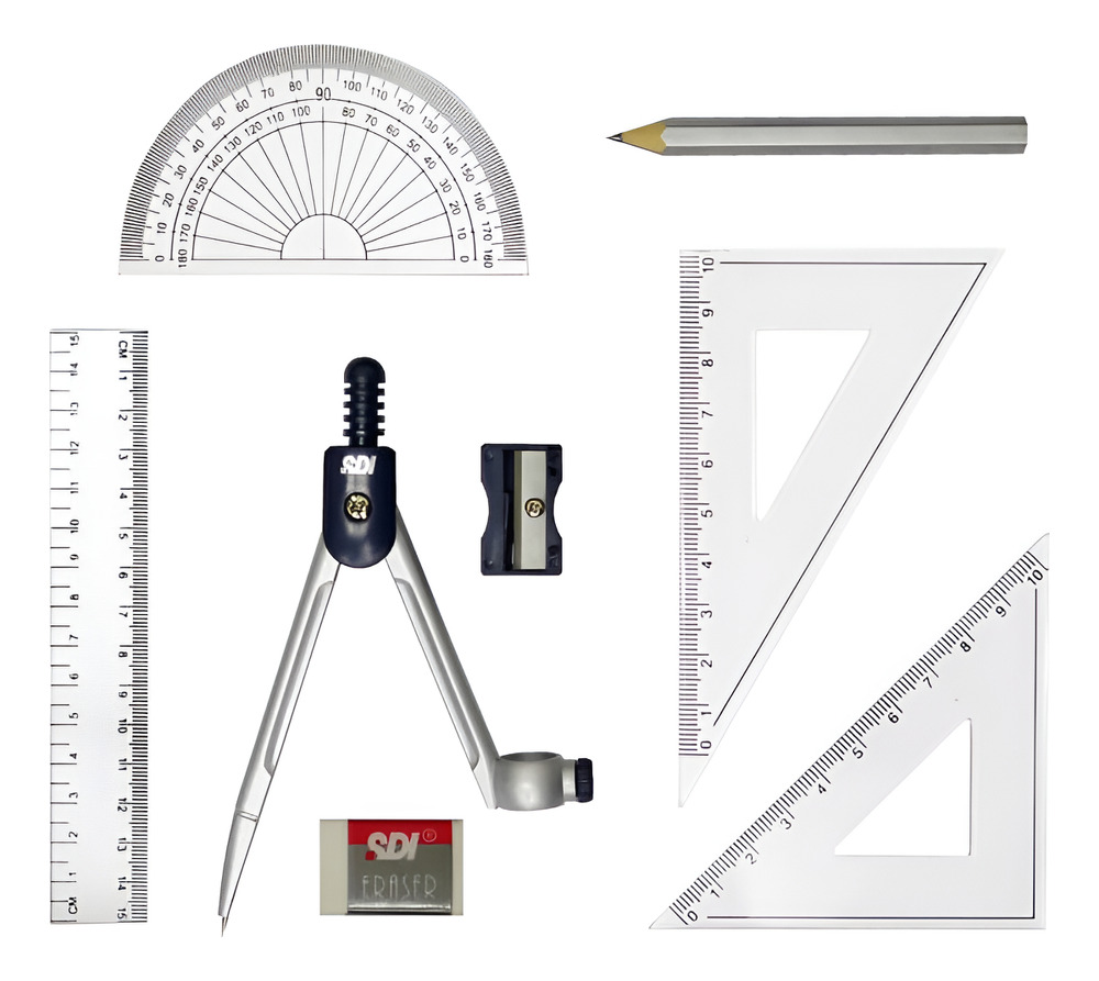 Pack 8 Uds Compas / Escuadra / Regla / Borrador / Sacapunta
