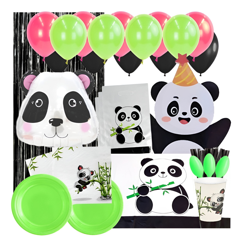 Set De Cumpleaños + Globos + Piñata Motivo Panda 6 Personas