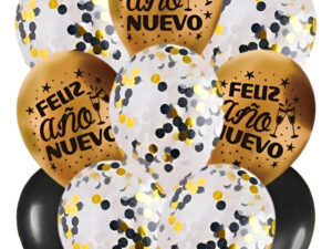 Set Globos Decoración 10 Uds Feliz Año Nuevo Látex + Confeti
