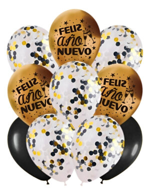 Set Globos Decoración 10 Uds Feliz Año Nuevo Látex + Confeti