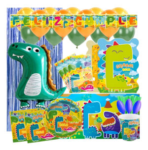 Set De Cumpleaños + Globos + Piñata Dinosaurio (6 Pers)
