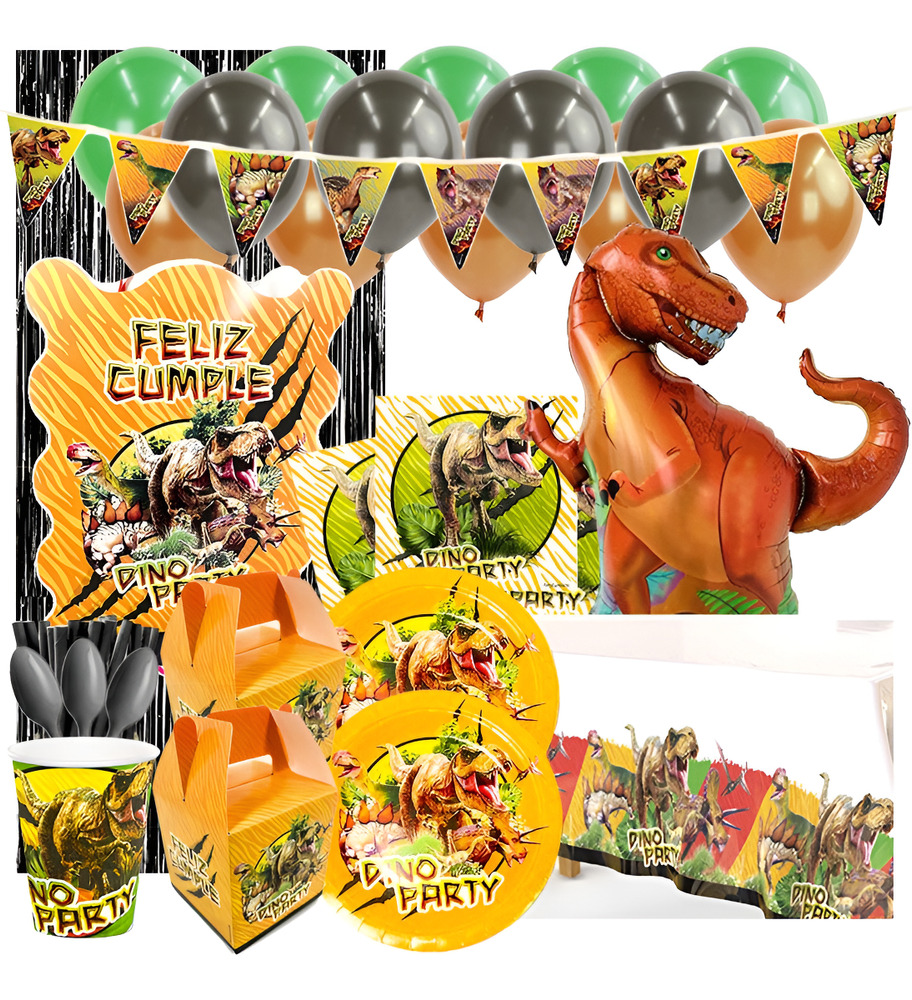 Set De Cumpleaños + Globos + Piñata Dino Rex 6 Personas