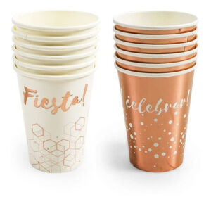 Pack 12 Uds Vaso De Cartón Con Diseño Blanco / Rosa Gold
