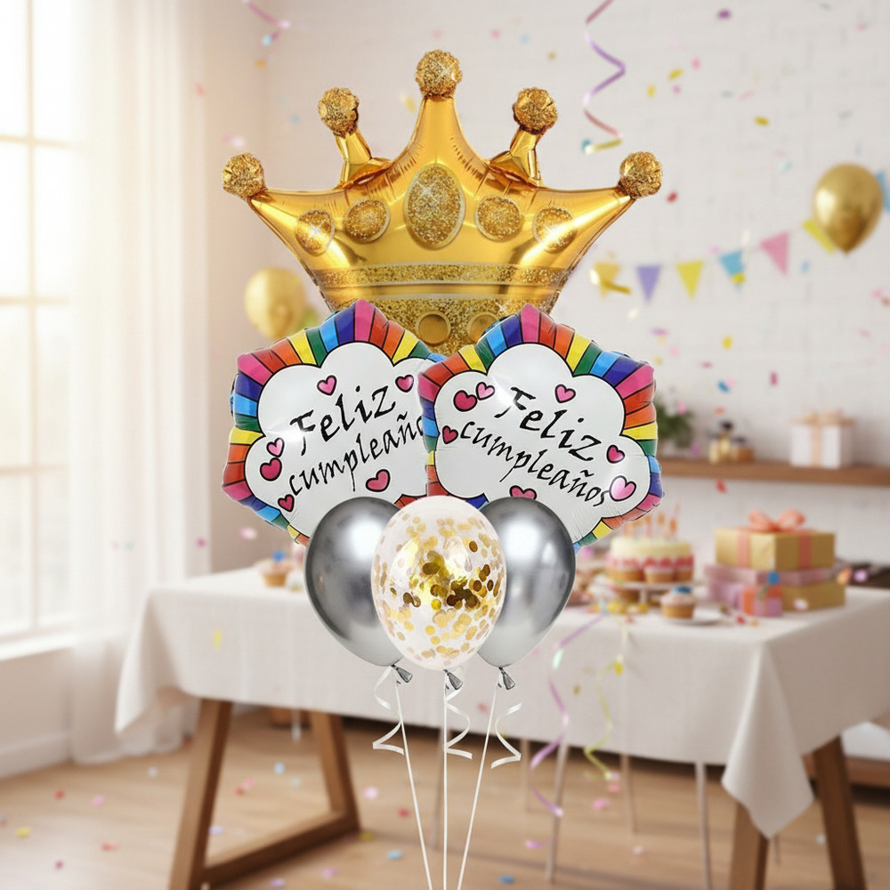 Set De Globos Decoración 6 Uds Corona / Feliz Cumpleaños D-m - Imagen 3