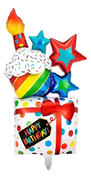 Globo Metálico Grande Silueta Regalo Con Pastel Y Estrellas