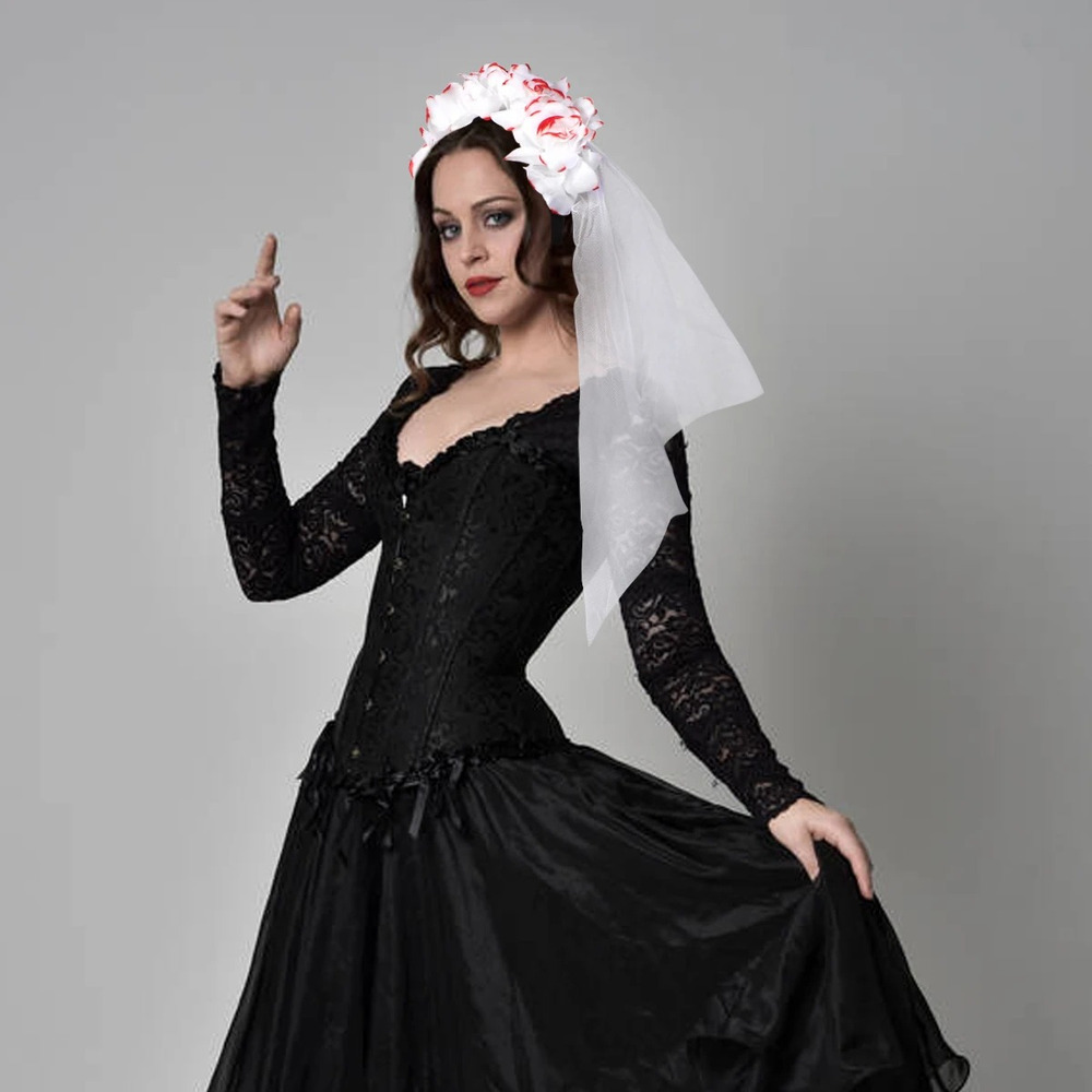 Cintillo Rosas Blancas Con Velo / Decoración Halloween / Tul - Imagen 2