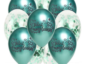 Pack 10 Uds Globos Cromados Frase Feliz Cumpleaños + Confeti