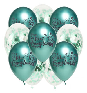 Pack 10 Uds Globos Cromados Frase Feliz Cumpleaños + Confeti