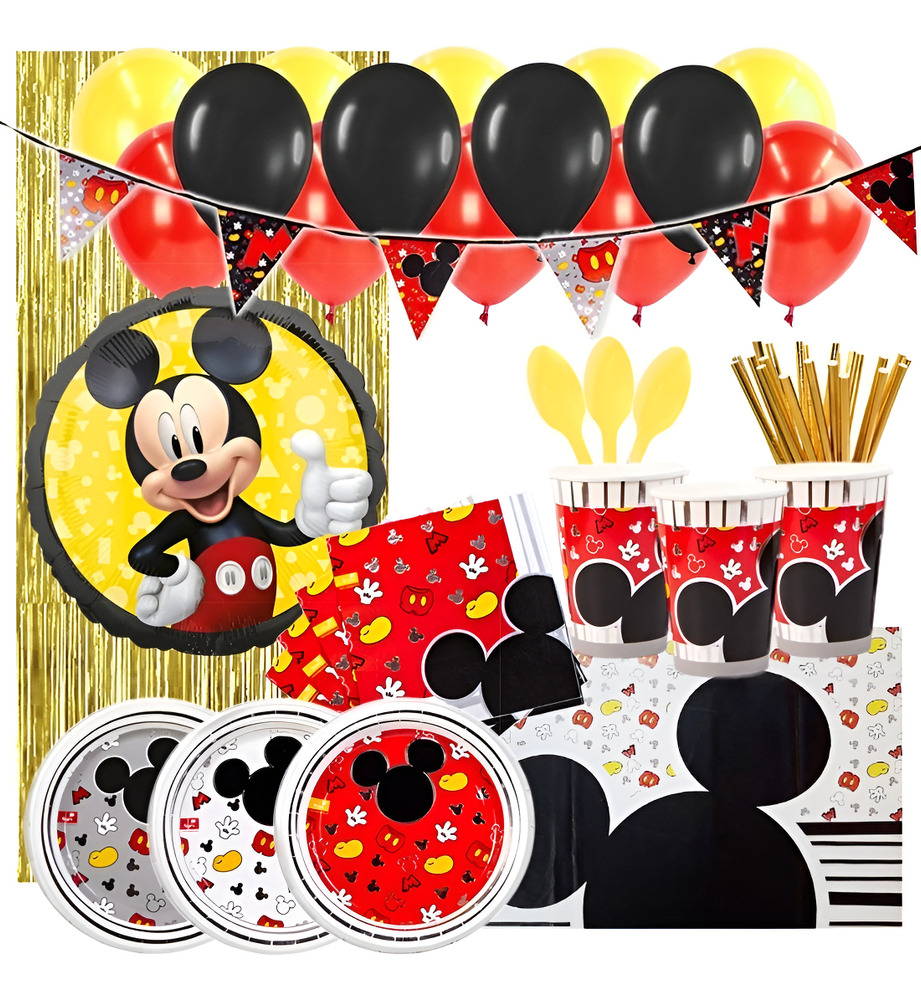 Set De Cumpleaños + Globos + Motivo Mickey Mouse 6 Personas