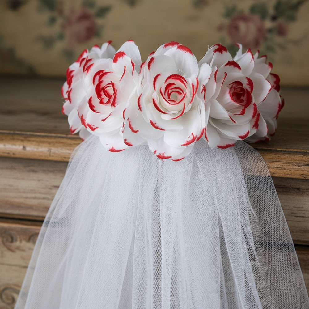 Cintillo Rosas Blancas Con Velo / Decoración Halloween / Tul - Imagen 5