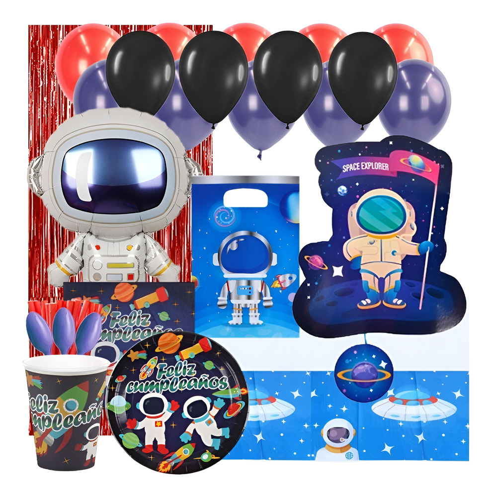 Set De Cumpleaños + Globos + Piñata Astronauta 12 Personas